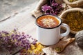 Cup of healthy daisy tea, honey and bags of healing herbs. Royalty Free Stock Photo