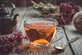 Cup of healthy echinacea tea, dry coneflower herbs and vintage teapot on table.