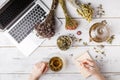 Cup of healthy tea, honey, healing herbs, herbal tea assortment and berries on table. Top view. Herbal medicine.