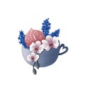 a cup with a heart on the handle with a bouquet of flowers from a pink branch of orchid, anthurium, blue hyacinth isolated