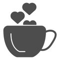 Cup with heart solid icon. Romantic Coffee cup illustration isolated on white. Hot drink cup with a heart shape steaming Royalty Free Stock Photo