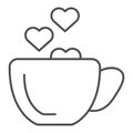 Cup with heart thin line icon. Romantic Coffee cup illustration isolated on white. Hot drink cup with a heart shape Royalty Free Stock Photo