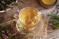 A cup of heather tea with fresh Calluna vulgaris flowers Royalty Free Stock Photo