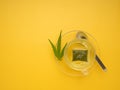 A cup of hemp tea isolated on a yellow background. Cannabis herbal tea. Royalty Free Stock Photo