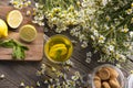 A cup of herbal chamomile tea with camomile blossoms, lemons and mint leaves. The concept of alternative medicine and immune boost Royalty Free Stock Photo