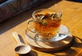 A cup of herbal medicinal tea with dried marigold and calendula flowers. Evening light with long shadows Royalty Free Stock Photo