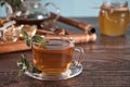 Cup of herbal mint tea with dry herbs on the tray. Royalty Free Stock Photo