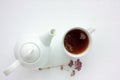 Cup of herbal oregano tea with dry marjoram flowers on white table background with copy space.