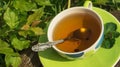 A cup of herbal tea (brewed raspberry and blackcurrant leaves) with a silver spoon in a spring-summer garden