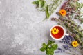 Cup of herbal tea with calendula, lavender, oregano, hyssop, mint and lemon balm on a gray concrete background. Top view, copy Royalty Free Stock Photo