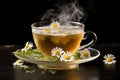 Cup of herbal tea with chamomile flowers on black background, A delicate teacup filled with steaming chamomile tea, AI Generated