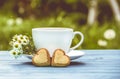 Cup of herbal tea and cookies hearts. Romantic concept