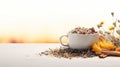 a cup of herbal tea with dried flowers and spices on a white table against a beautiful sunset background Royalty Free Stock Photo