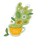 Cup with herbal tea and floral decoration. Concept with green leafes, mint, lemon, rose, chamomile petal flowers