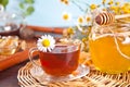 Cup of herbal tea with flowers, honey in jar, teapot and and various dried herbs on the tray. Royalty Free Stock Photo