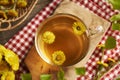 A cup of herbal tea with fresh coltsfoot flowers