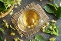 A cup of herbal tea with fresh linden flowers in spring indoors Royalty Free Stock Photo