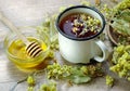 Cup of herbal tea and honey. medicinal herbs. remedy for flu and cold Royalty Free Stock Photo