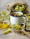 Cup of herbal tea and honey. medicinal herbs. remedy for flu and cold Royalty Free Stock Photo