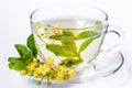 Cup of herbal tea with linden flowers, honey and mint in transparent cup isolated on white Royalty Free Stock Photo