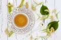 Cup of herbal tea with linden flowers on a old wooden background. Top view Royalty Free Stock Photo