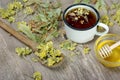 Cup of herbal tea. medicinal herbs. close-up. remedy for flu and cold Royalty Free Stock Photo