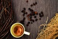 Cup of herbal tea with rose hip on dark background