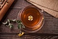 Cup of herbal tea with teapot and wooden tray with various dry herbs. Top view Royalty Free Stock Photo