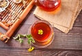 Cup of herbal tea with teapot and wooden tray with various dry herbs. Top view Royalty Free Stock Photo