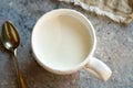 A cup of homemade milk kefir, top view