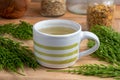 A cup of horsetail tea with fresh Equisetum arvense plant Royalty Free Stock Photo