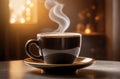 Cup of hot aromatic coffee with smoke on dark cozy brown background. Beautiful glare and bokeh