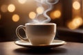 Cup of hot aromatic coffee with smoke on dark cozy brown background. Beautiful glare and bokeh