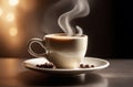Cup of hot aromatic coffee with smoke on dark cozy brown background. Beautiful glare and bokeh