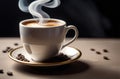 Cup of hot aromatic coffee with smoke on dark cozy brown background with grains.