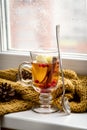 Cup of Hot AutumnTea with Apple Berry and Cinnamon Near a Window Yellow Scarf Hot Drink for Autumn Cold Rainy Days Hygge Concept A