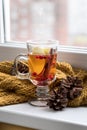 Cup of Hot AutumnTea with Apple Berry and Cinnamon Near a Window Yellow Scarf Hot Drink for Autumn Cold Rainy Days Hygge Concept A