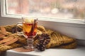 Cup of Hot AutumnTea with Apple Berry and Cinnamon Near a Window Yellow Scarf Hot Drink for Autumn Cold Rainy Days Hygge Concept A