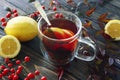 One cup of hot berry tea in autumn leaves decoration, winter autumn mood, citrus red tea Royalty Free Stock Photo