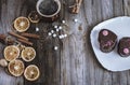 Cup of hot black coffee and cakes on a white plate Royalty Free Stock Photo