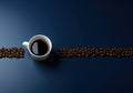 A cup of hot black coffee with roasted coffee beans on a dark blue background Royalty Free Stock Photo