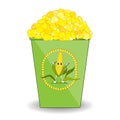 Cup of hot boiled corn with cute label. White background.