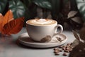 a Cup of Hot Cappuccino Coffee with Art Leaves Foam and Coffee Beans on White Table Royalty Free Stock Photo