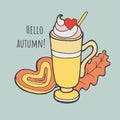 Cup hot cappuccino coffee with autumn leaves. Autumn mood concept. Warm autumn picture. Fall illustration.