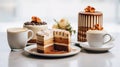 Cup of hot cappuccino coffee with delicious cake on the white plate decoration on the white marble table in cafe. Royalty Free Stock Photo