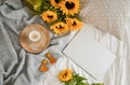 Cup with hot cappuccino, gray pastel woolen blanket, sunflowers, bedroom Royalty Free Stock Photo