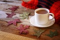 Cup of hot chocolate, autumn leaves and knitted blanket