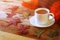 Cup of hot chocolate, autumn leaves and knitted blanket