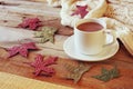 Cup of hot chocolate, autumn leaves and knitted sweater