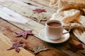 Cup of hot chocolate, autumn leaves and knitted sweater